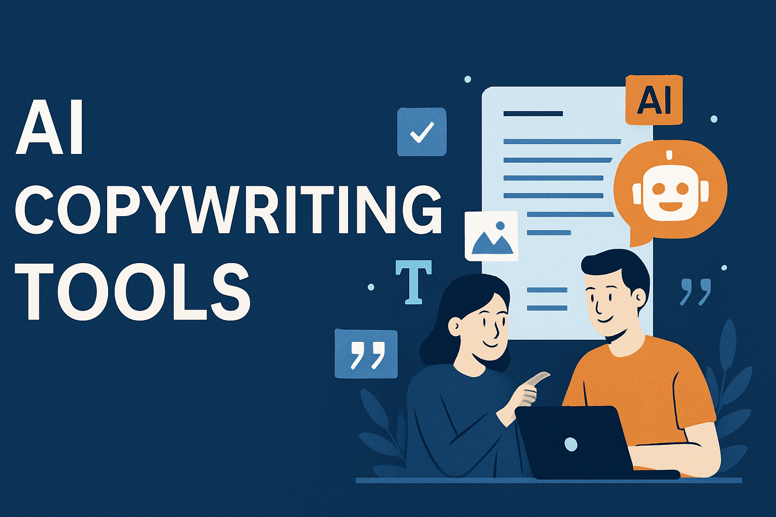 Flat-style digital banner with bold text 'AI Copywriting Tools' on a deep blue background, showing characters collaborating at a laptop surrounded by writing icons.