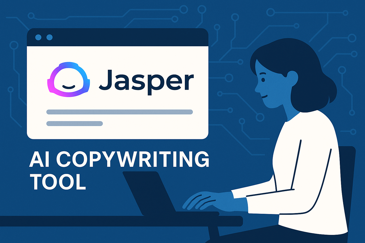 A flat digital illustration showcasing Jasper AI in use, with blog writing templates, brand voice settings, and performance tools visible on-screen.