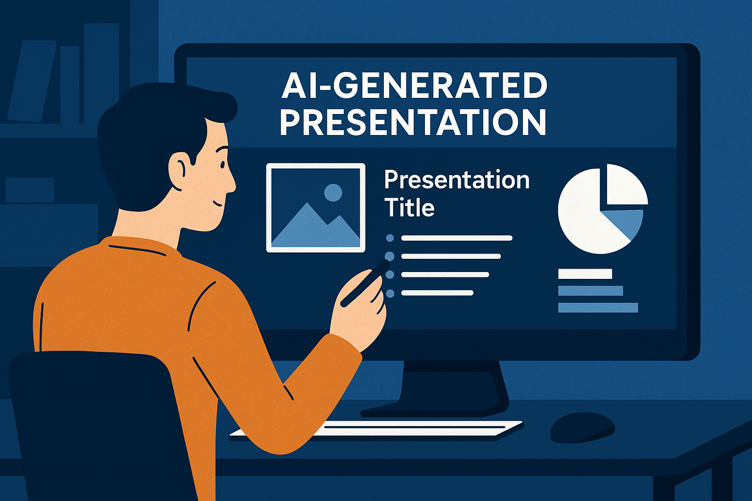 User crafting an AI-generated presentation with pie charts and text on screen
