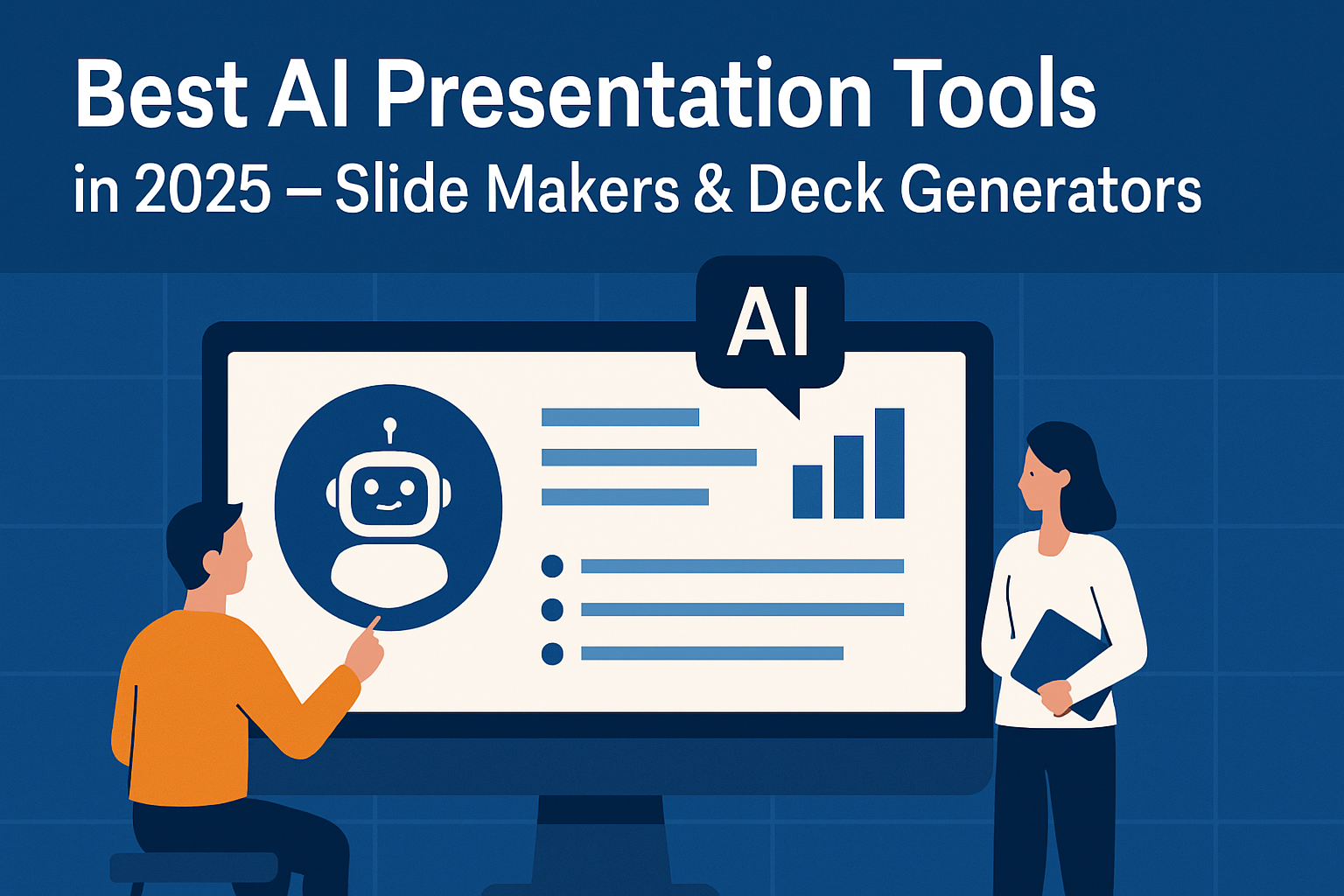 AI presentation tool cover showing a person and AI robot collaborating on a slide deck