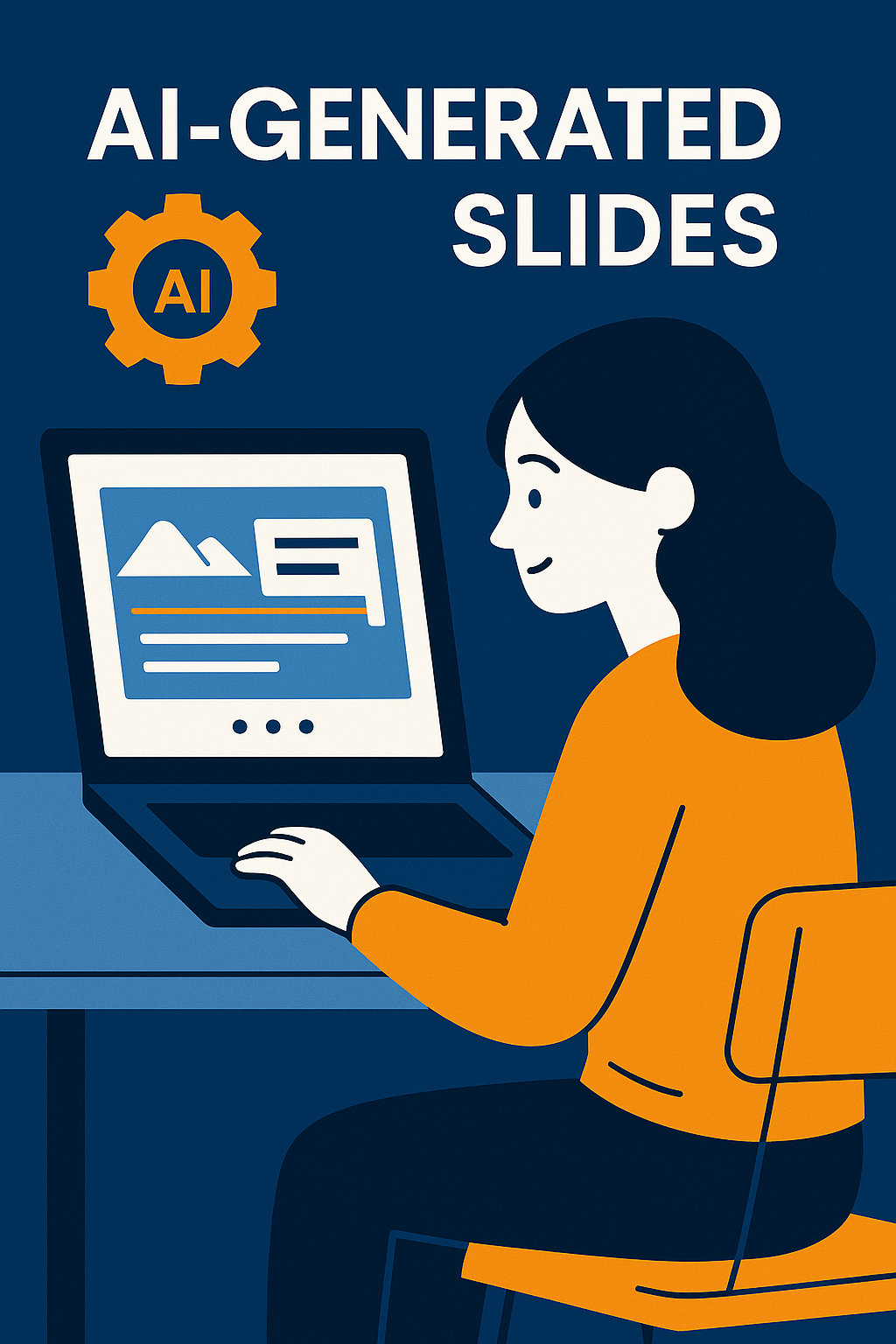 Woman reviewing AI-generated slide deck on desktop with heading 'AI-GENERATED SLIDES'