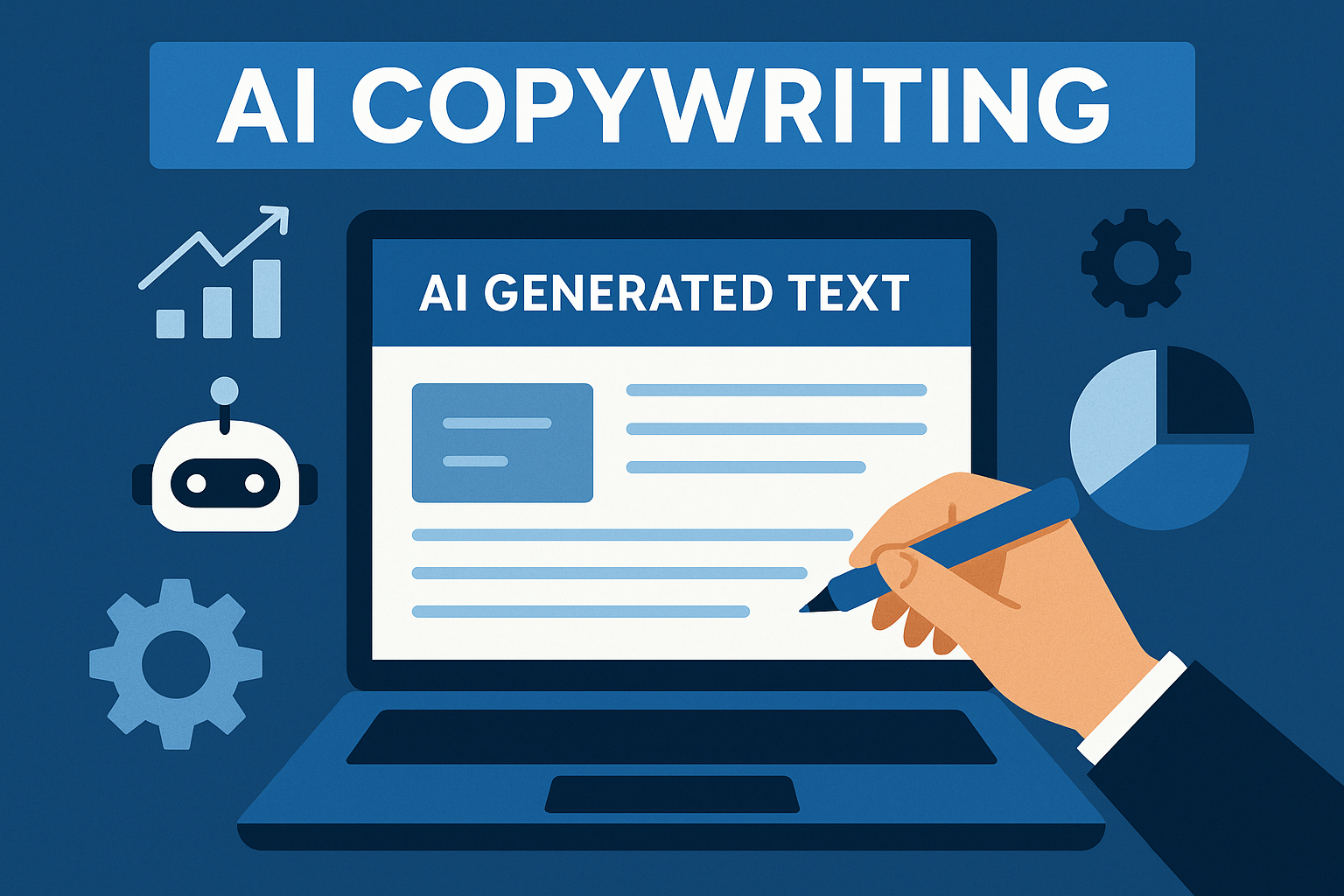Flat illustration showing automated ad campaign setup with charts, target icons and AI controls on screen