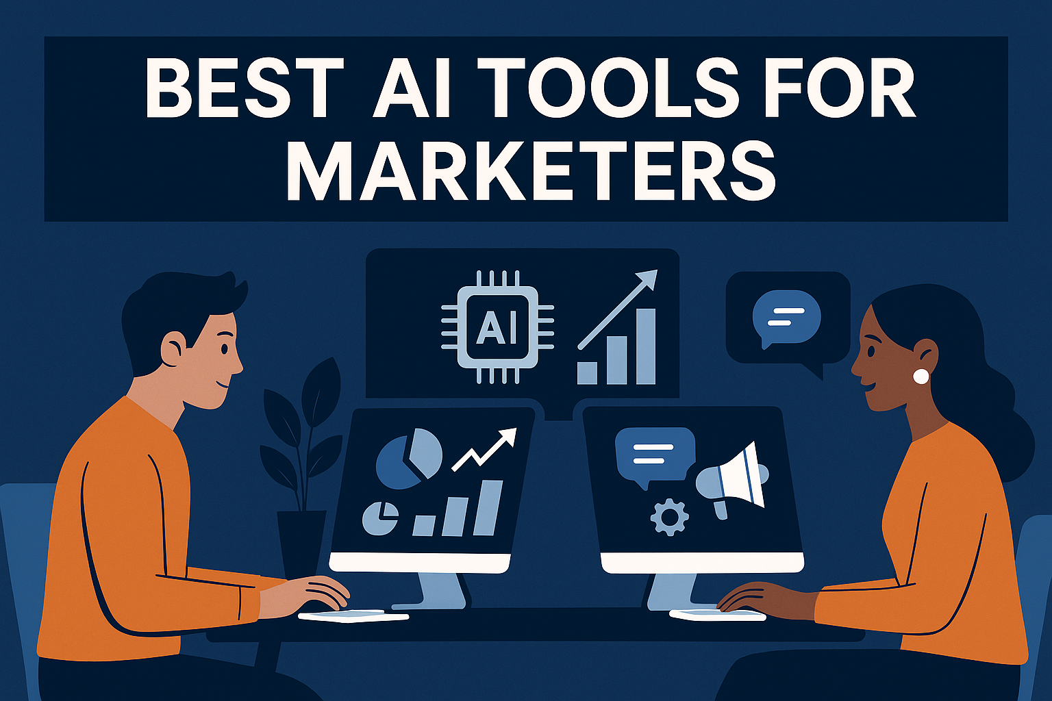 Two marketers collaborating with AI dashboard on a large screen, surrounded by graphs, team icons and task panels