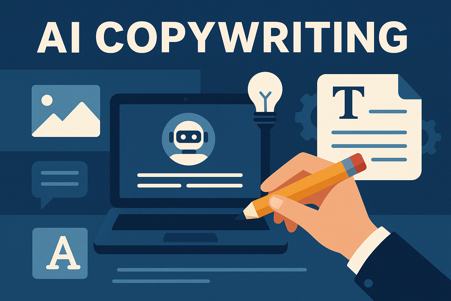 Flat-style digital illustration showing AI copywriting tools in action, with a laptop displaying AI-generated text, a robot icon, and a human hand writing on the screen