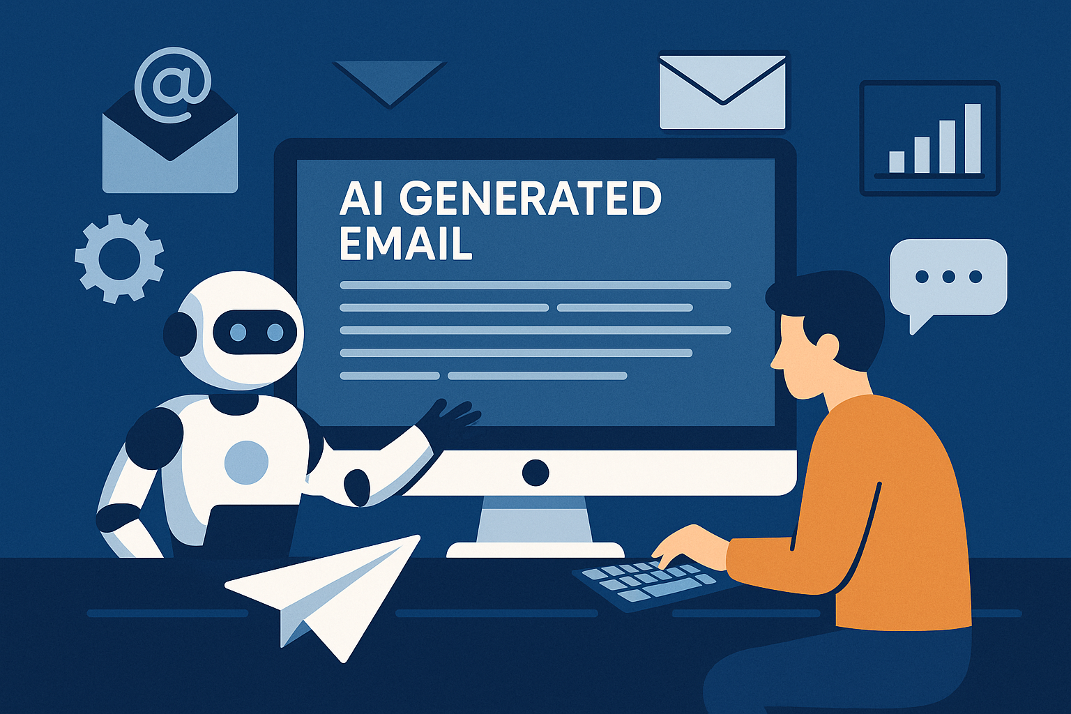 Digital illustration showing AI-powered email automation with an envelope, flowchart arrows and a robot hand clicking send