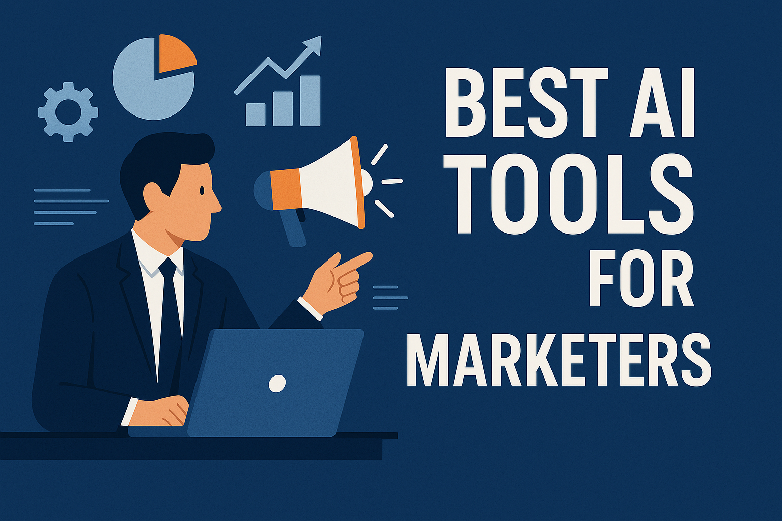 Flat-style illustration of a marketer using AI marketing tools surrounded by icons like charts and megaphones with the title Best AI Tools for Marketers
