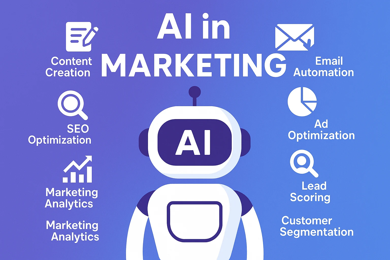 Best AI Tools for Marketing 2 Infographic showing 8 key applications of AI in marketing, including content generation, social media automation, email personalization, ad copy optimization, SEO insights, customer segmentation, lead scoring, and trend forecasting. Flat-style design with icons and labels on a blue-purple gradient background.