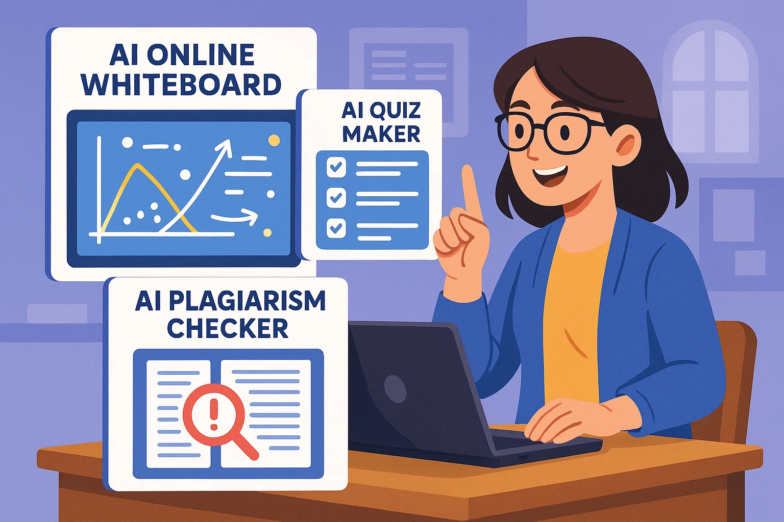 Best AI tools for teachers - Illustration of a teacher using AI tools like an online whiteboard, quiz maker, and plagiarism checker in the classroom