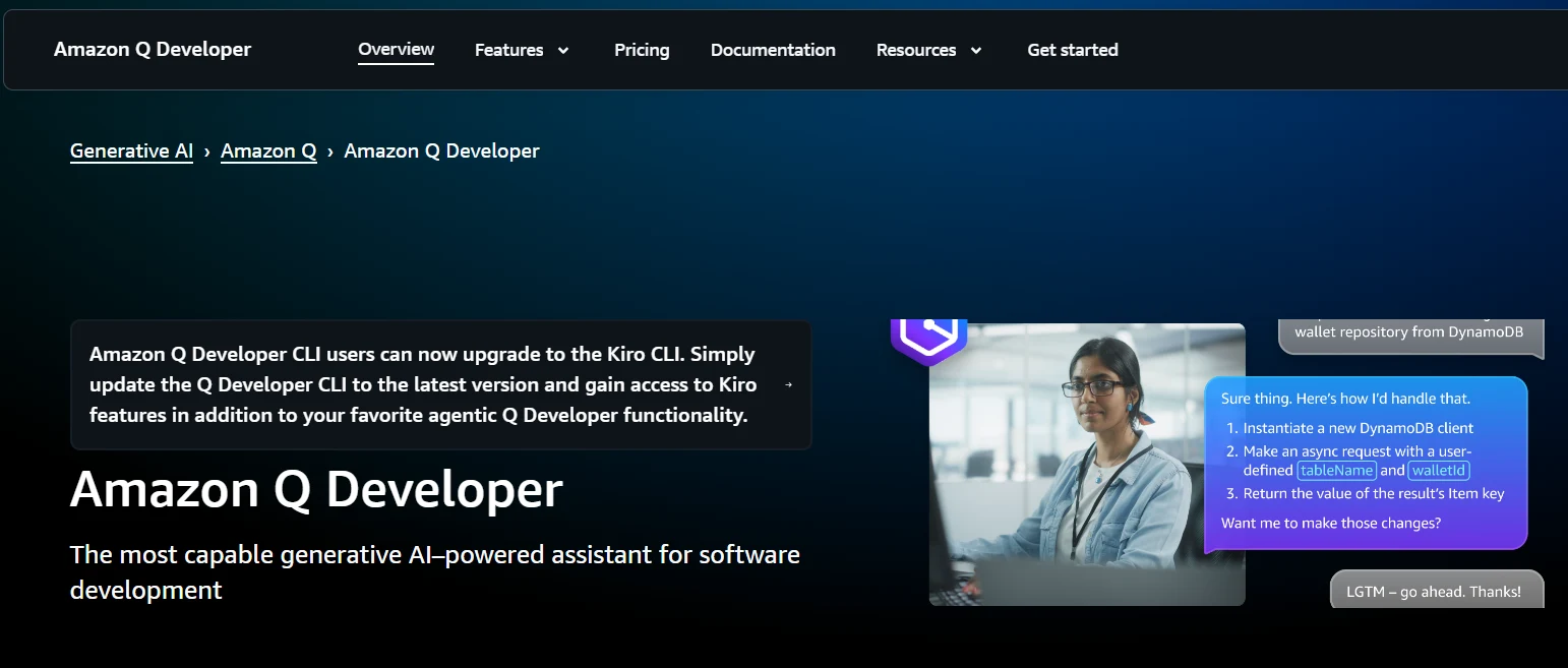 Amazon Q Developer interface: The enterprise-grade AI coding assistant for AWS cloud development in 2026, featuring deep security scanning