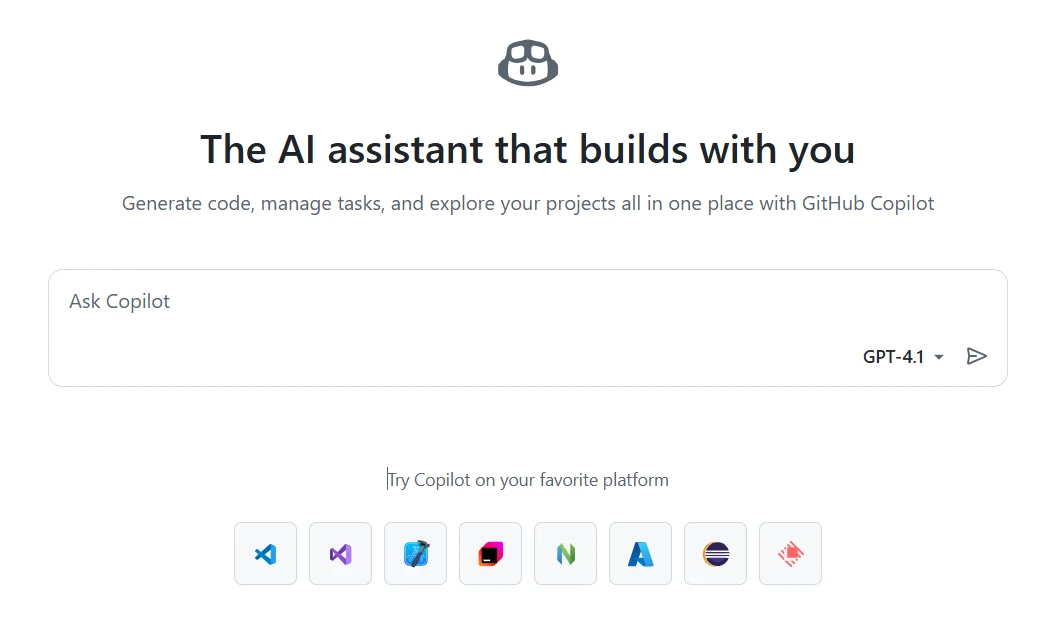 GitHub Copilot interface: The industry-standard AI pair programmer for 2026, featuring multi-model support (Claude, Gemini, GPT-4o) and Copilot Workspace