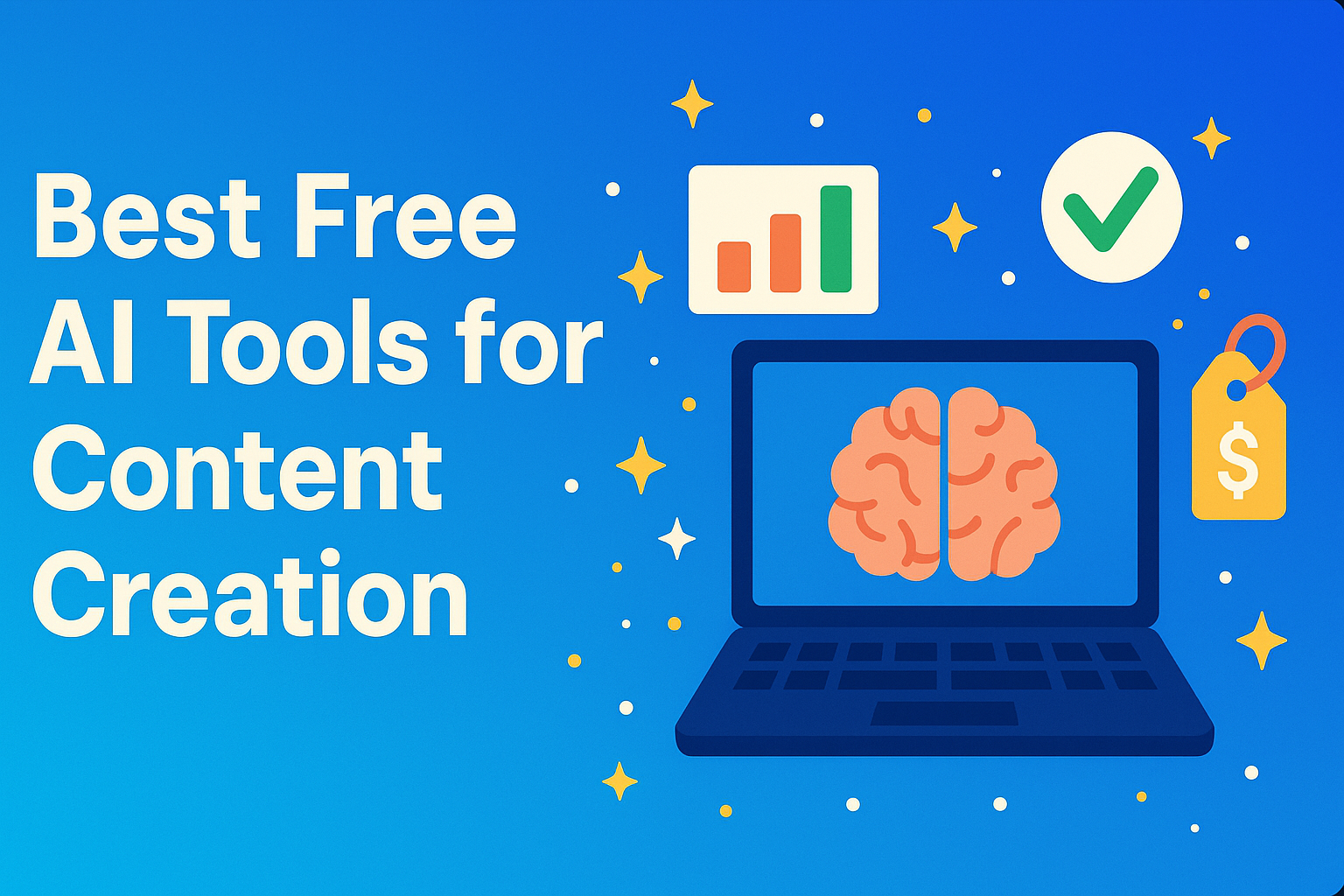 Best Free AI Tools for Content Creation 1 A 2D digital graphic design banner features the text 'Best Free AI Tools for Content Creation' on a blue gradient background. On the right side are colorful icons including a laptop with a brain, bar chart, flowchart, checkmark, and price tag, decorated with stars and dots.
