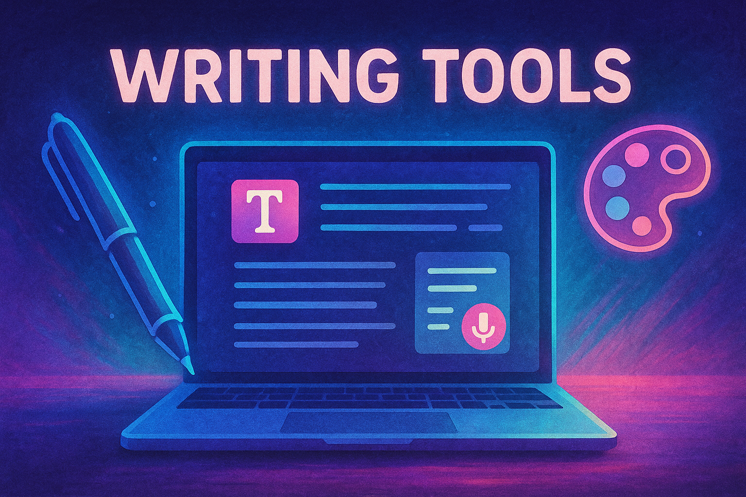 Best Free AI Tools 2 A digital illustration of AI writing tools on a laptop screen with neon lighting and a glowing pen, representing text generation and content creation in a futuristic style