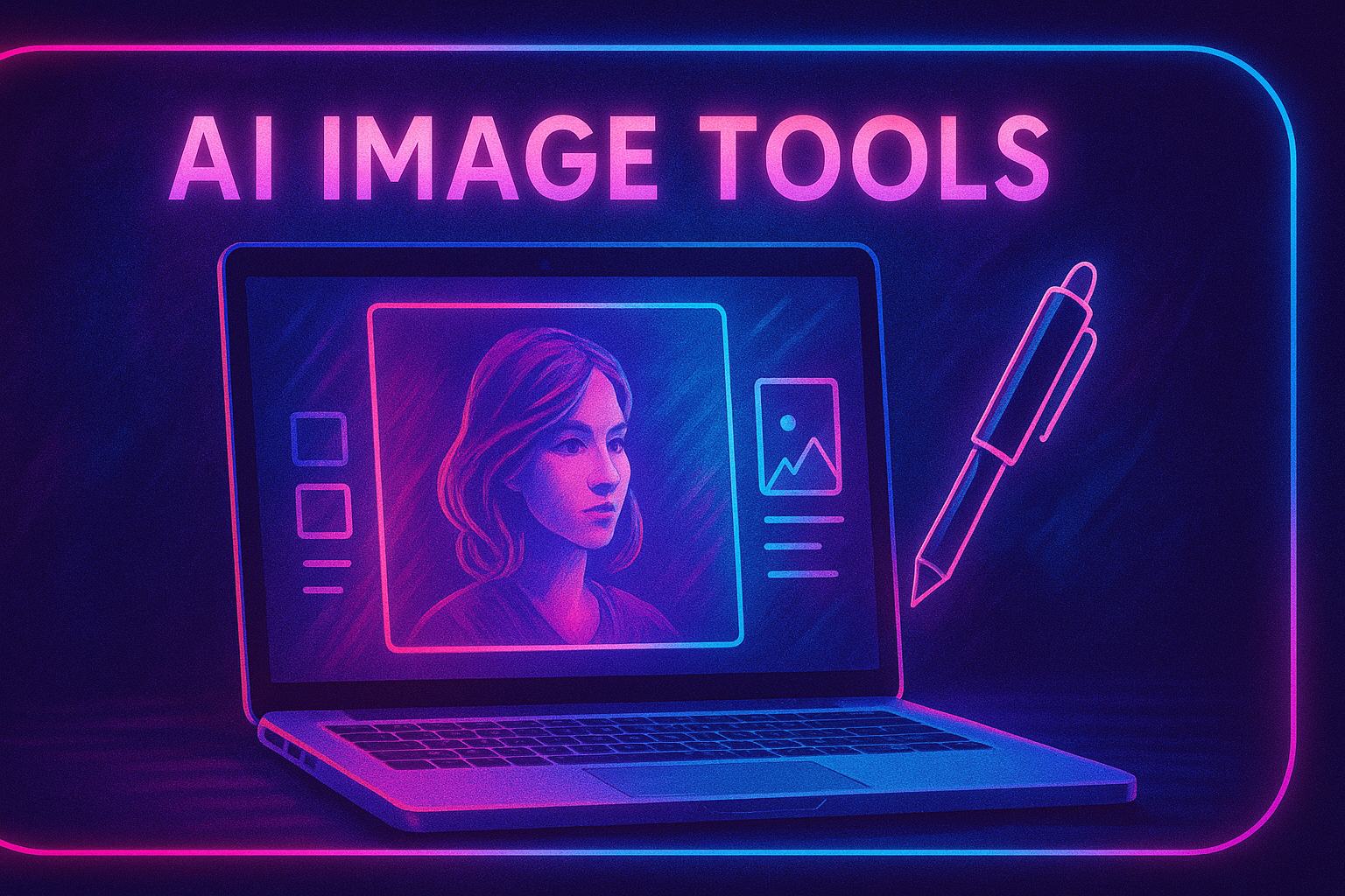 Best Free AI Tools 3 A digital illustration showcases AI image tools with a glowing laptop screen displaying a stylized portrait, neon UI icons, and a design pen—highlighting AI-powered image generation in a futuristic style