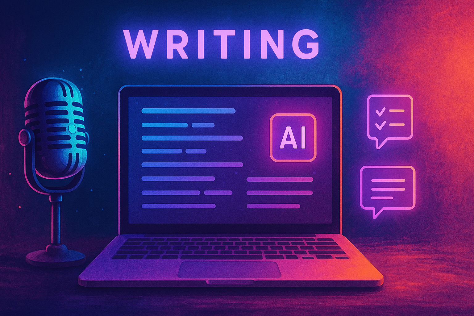 Best Free AI Tools 4 A digital illustration in a modern and futuristic style showing AI audio tools, featuring a glowing microphone, sound waves, and a laptop interface with audio waveform graphics, all in a 5:2 neon gradient layout