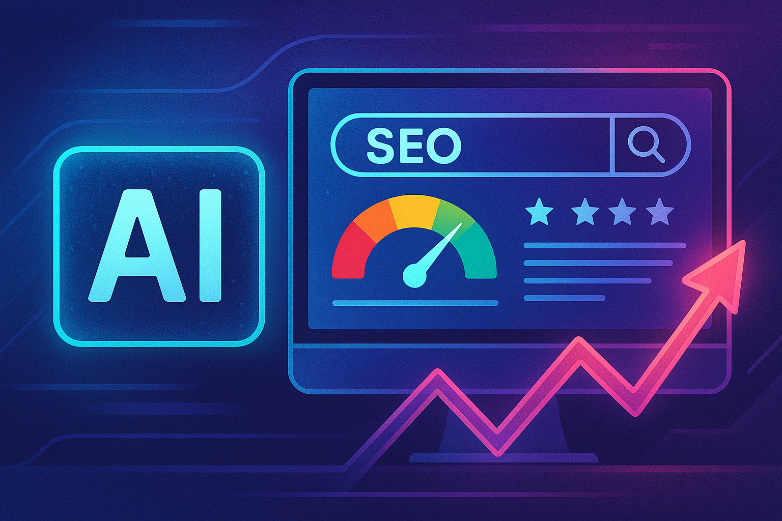 Best Free AI Tools 5 A digital illustration features AI tools related to SEO, showing a neon-lit interface with a performance gauge, a search bar labeled SEO, star ratings, and a rising graph arrow
