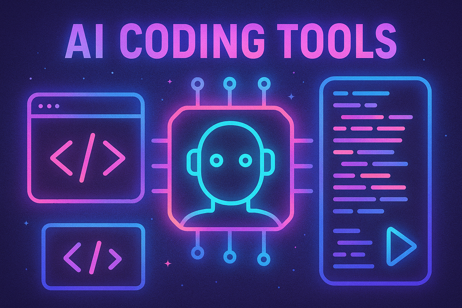 Best Free AI Tools 6 A vibrant digital illustration in a futuristic, neon-lit style displaying AI coding tools, including a robot chip, code brackets, and programming interface panels—symbolizing intelligent code generation in a 5:2 format