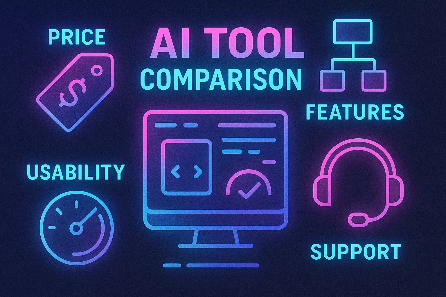 Best Free AI Tools 7 A digital illustration compares features of AI tools with glowing neon icons for Price, Features, Usability, and Support, centered around a futuristic interface screen labeled 'AI Tool Comparison'