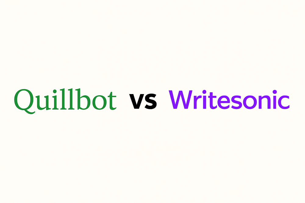 5:2 comparison image showing Quillbot vs Writesonic text layout on a beige background
