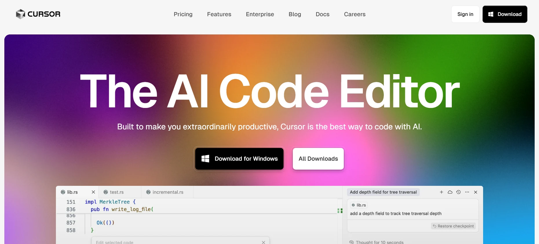 Cursor AI-powered code editor interface with chat, inline suggestions, and command palette