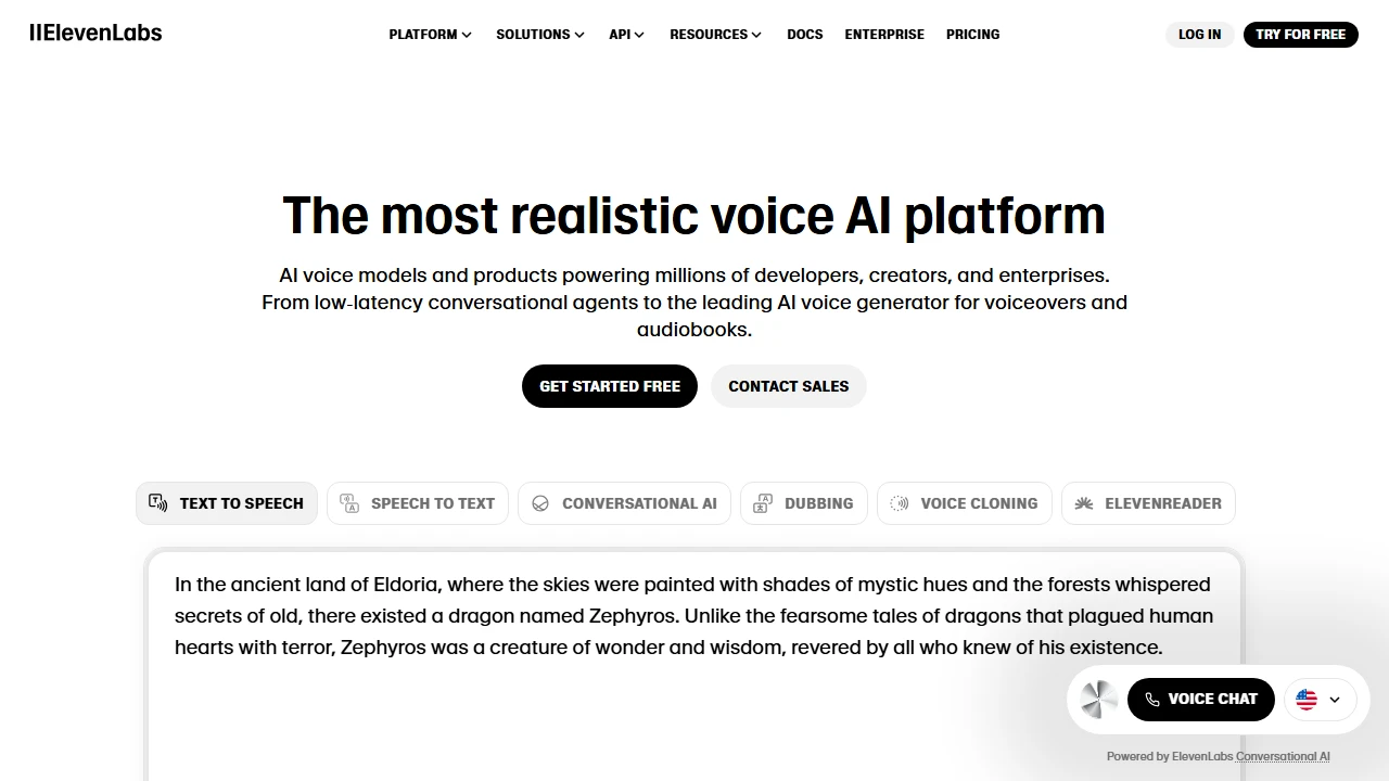 ElevenLabs dashboard interface showing key features