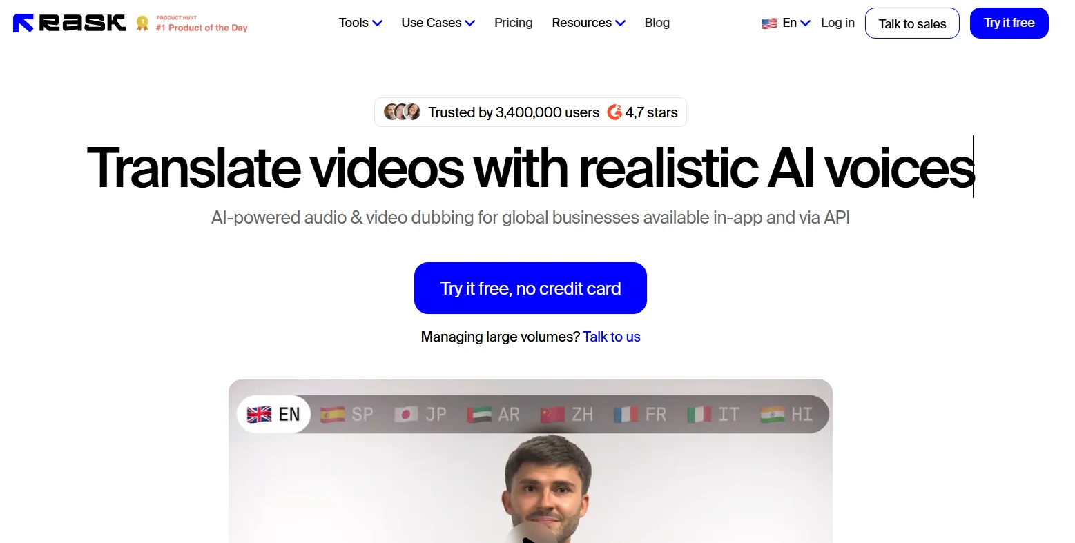 Rask AI dashboard showing the video translation project management and lip-sync settings