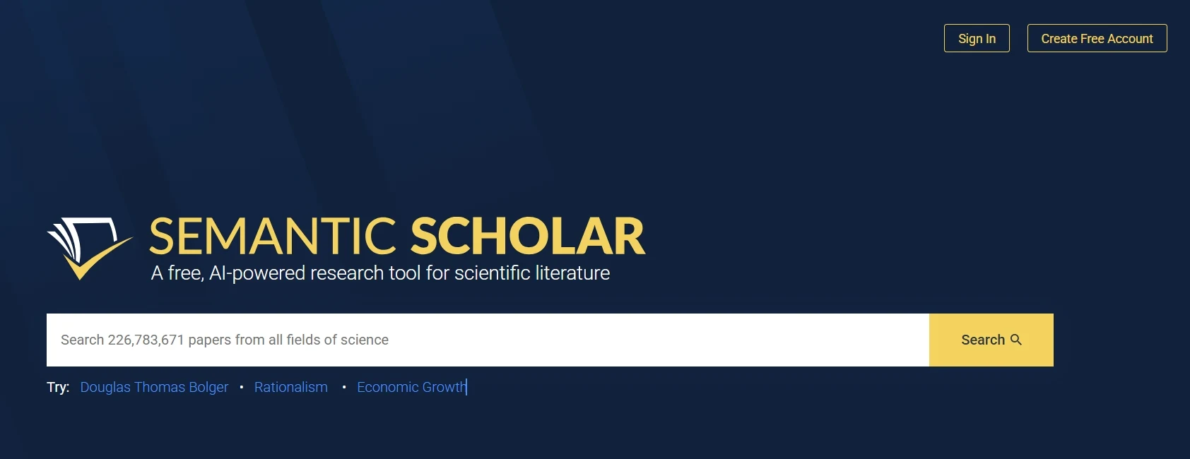 Semantic Scholar 2 Semantic Scholar homepage with AI search interface