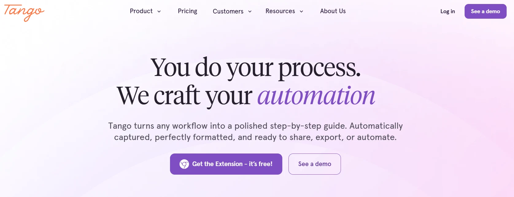 Tango dashboard showing a generated guide with the Guide Me browser overlay