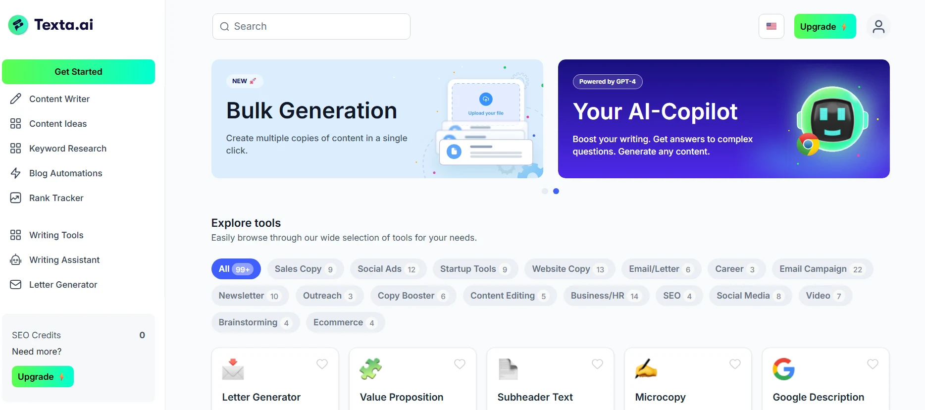 Texta.ai dashboard interface – AI blog writing and SEO optimization