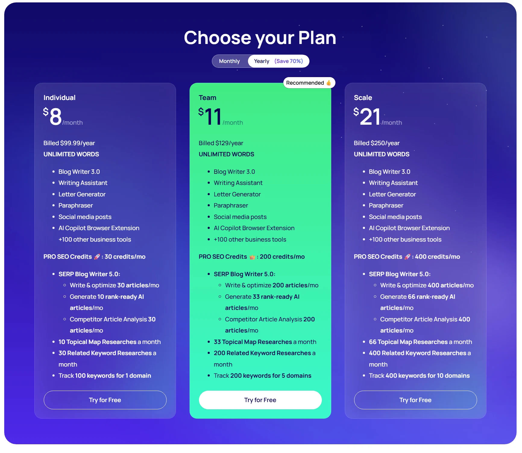 Texta.ai official pricing plans – Individual, Team, and Scale