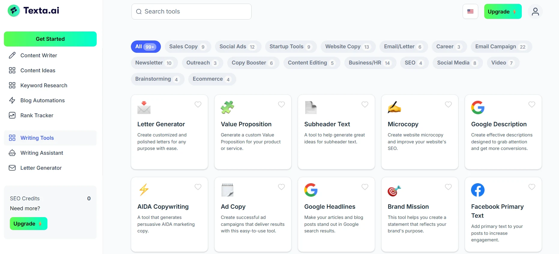 Texta key features overview – blog writer, SEO credits, templates, collaboration