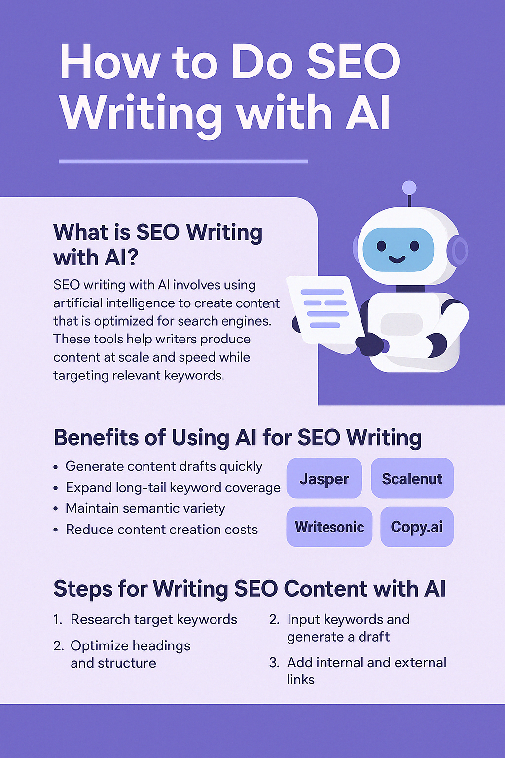 How to Do SEO Writing with AI: Tools, Tips & Best Practices 1 Infographic cover for 'How to Do SEO Writing with AI' featuring an illustrated robot, benefits of AI in SEO, and step-by-step writing guidance.