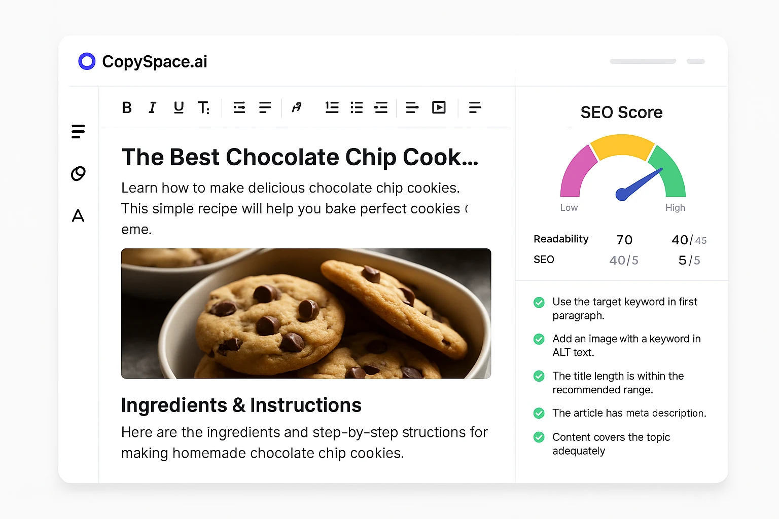 CopySpace.ai editor dashboard showing SEO content score and AI writing interface