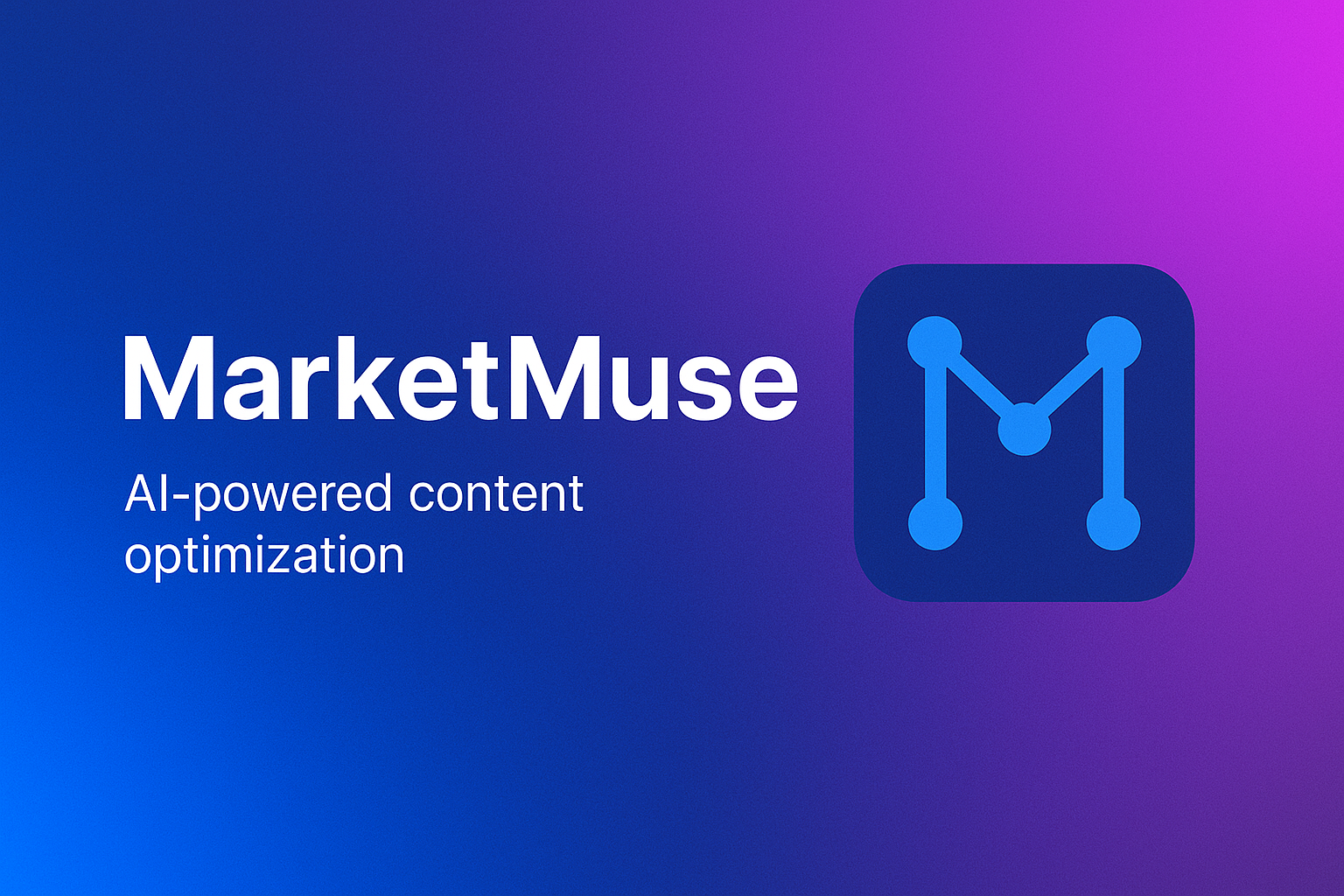 A digital illustration showcases promotional artwork for MarketMuse, featuring a glowing humanoid AI face and a futuristic content dashboard with a content score and graph interface, in a sleek 5:2 format with blue-purple tones.