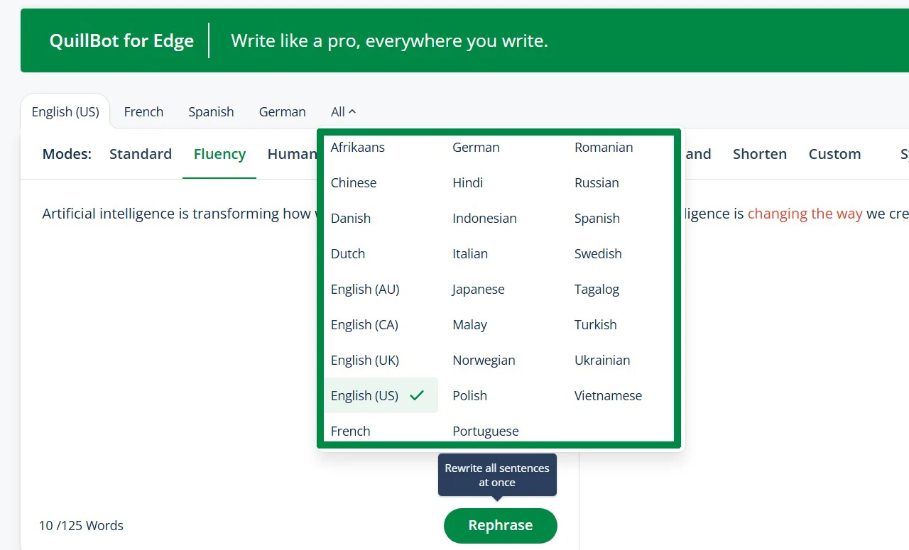 Quillbot Paraphrasing Tool 3 Language dropdown menu showing 30+ supported languages in Quillbot paraphrasing tool
