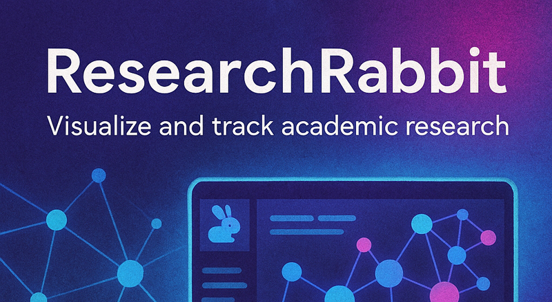 A digital illustration showcases promotional content for ResearchRabbit, featuring a glowing network map on a computer screen with neon-blue nodes, a rabbit icon, and vibrant purple-pink gradient connections, representing academic research visualization in a 5:2 format.