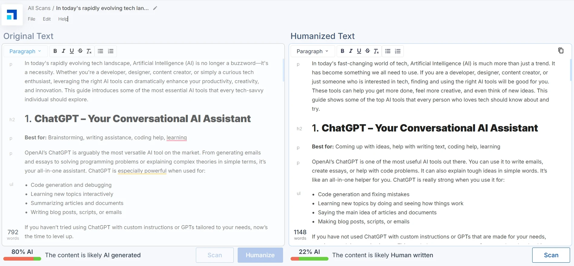 Scalenut 7 AI detection and content humanization interface on Scalenut