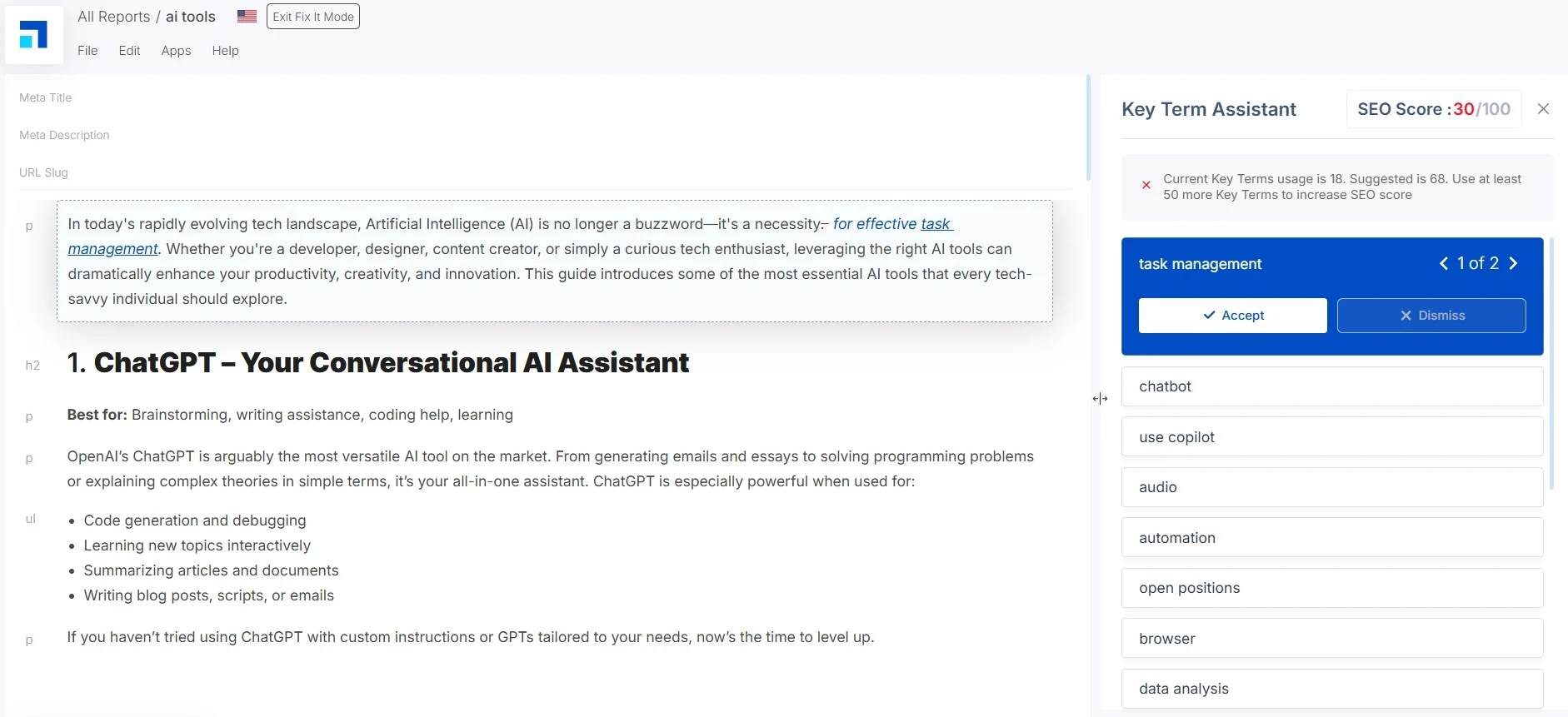 Scalenut 5 Scalenut content optimizer dashboard with NLP terms and scoring